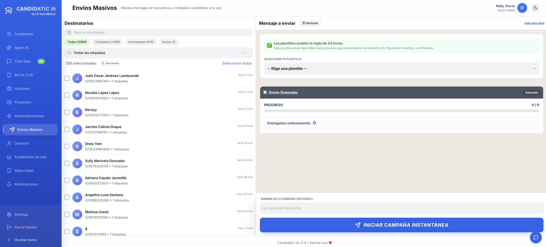 Pantalla de envíos masivos de WhatsApp en Candidatic IA para reactivar tu base de candidatos con un clic, tecnología propia de HR One